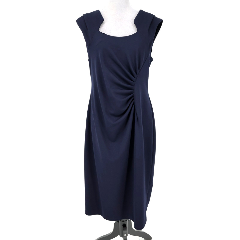 Shelby and Palmer Dress Womens 16 Navy Blue Crepe Ruched Side Back Zip Career